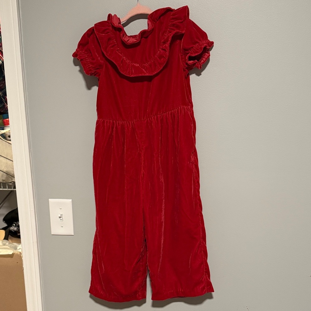 Janie & Jack Red Velvet Ruffled Jumpsuit